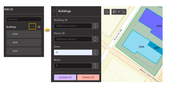ArcGIS Experience Builder interface showing batch editing tools for three selected building features. Left panel displays Edit menu with Buildings layer (features 3004, 3008, 3009). Center panel shows attribute editing form with fields for Building_ID, Parcel_ID, Zone, and Block, plus Update and Delete buttons. Right panel displays map view with selected building parcels highlighted in blue and purple on a street map.