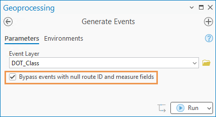A screenshot highlighting the new "Bypass events with null route ID and measure fields" parameter of the Generate Events tool.