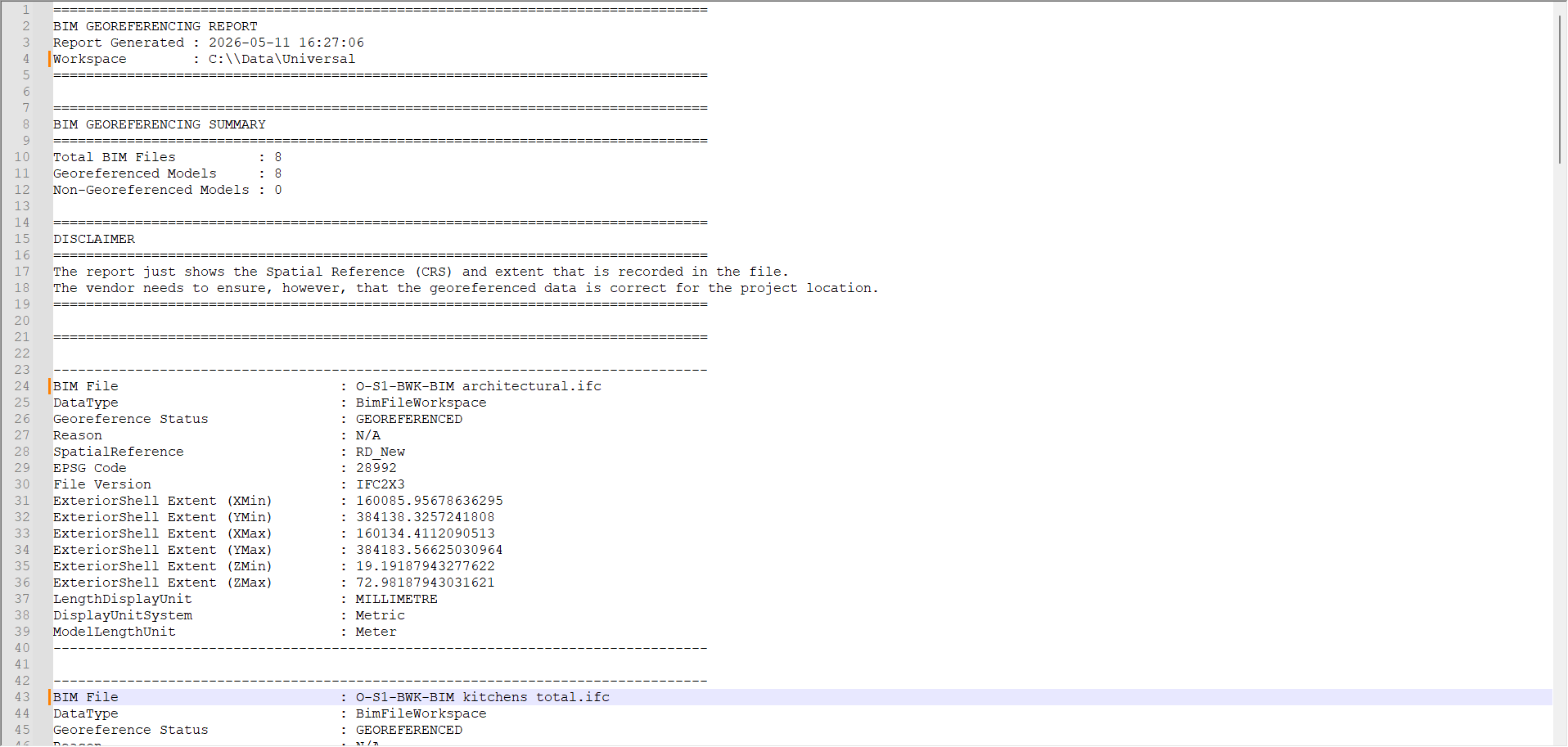 Example of a geolocation report BIM