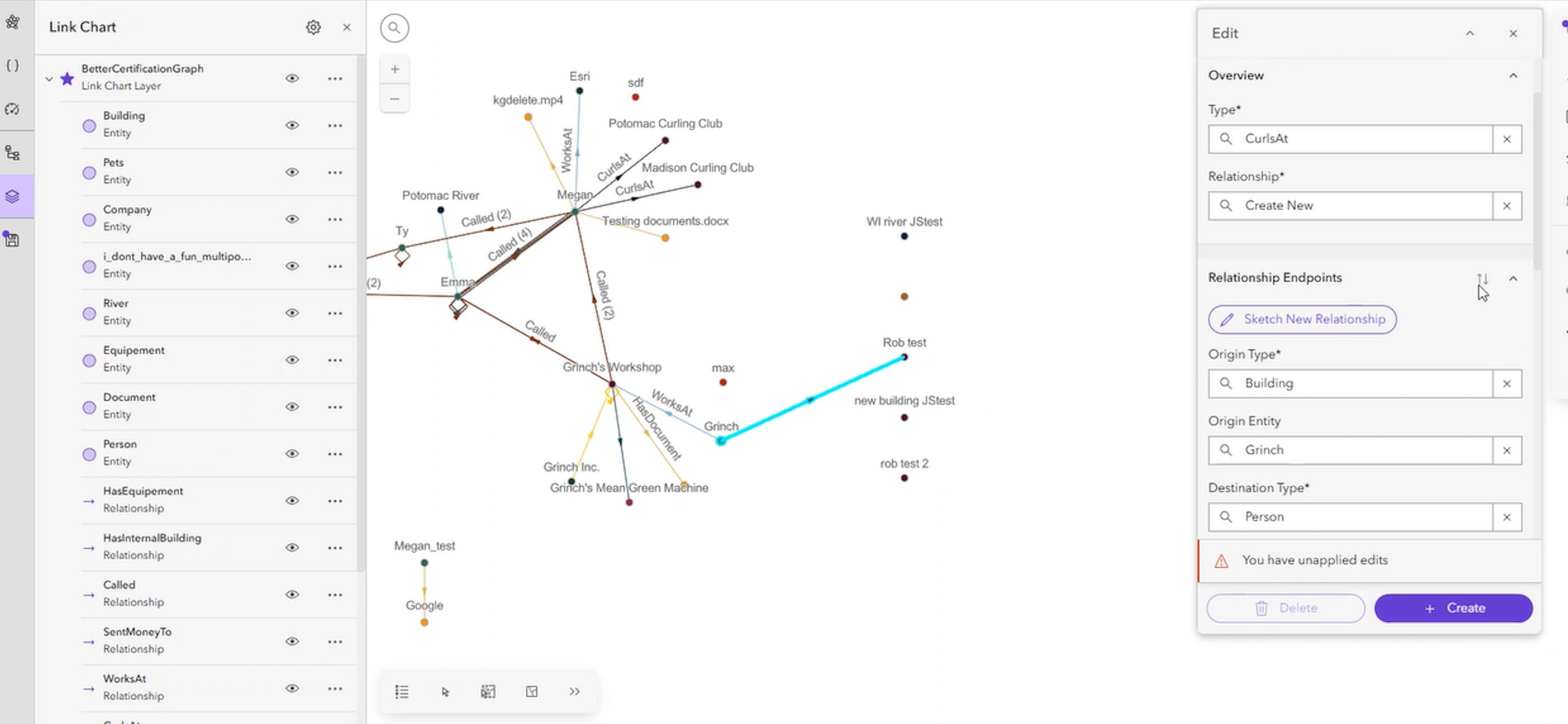 ArcGIS Knowledge Studio Link Chart showing connected entities and relationships, with an Edit panel open to sketch and define a new relationship.