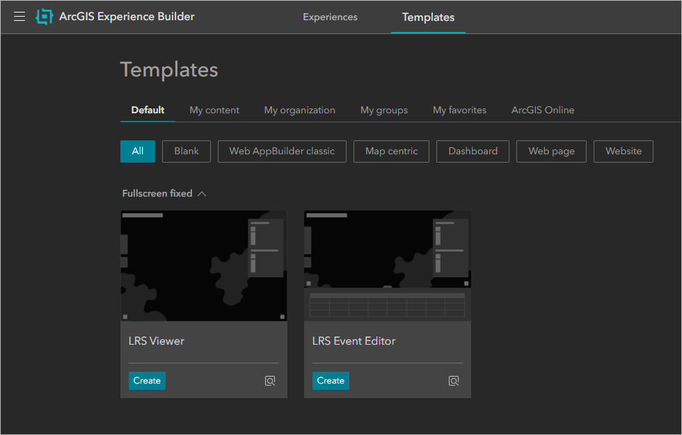 A screenshot highlighting the revamped LRS templates in Experience Builder.