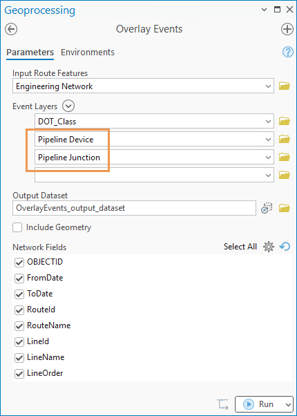A screenshot highlighting the Pipeline Device and Pipeline Junction feature classes being used as inputs to the Event Layers parameter of the Overlay Events tool.