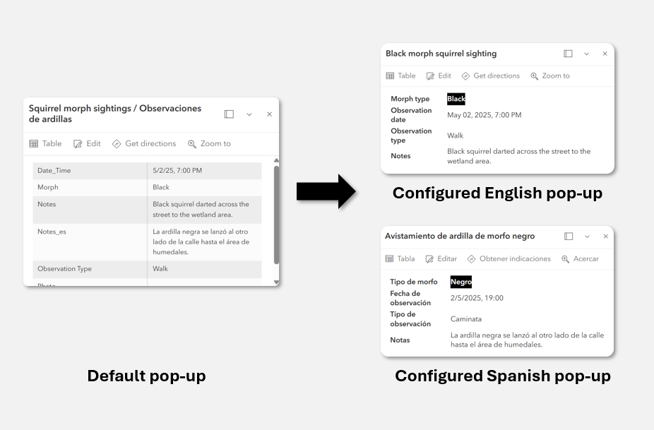 A comparison screenshot of a default pop-up versus a configured popup displaying data more organized via a table for usability and accessibility support and formatted dates to accommodate more locales.