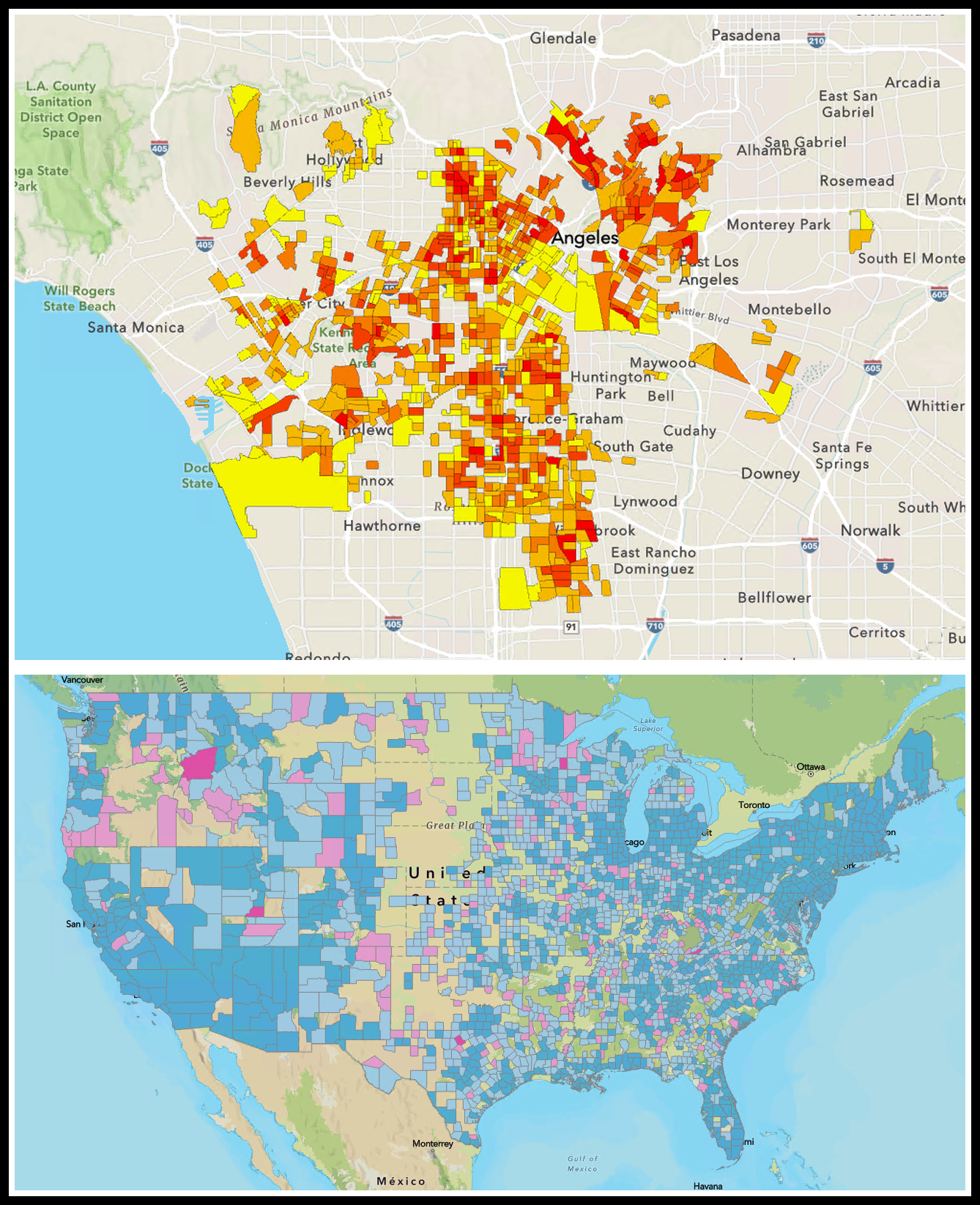An image showing country-wide analysis summarizing two customer layers for a comparison using county-level data on the bottom. On the top is an example of a single layer summary using block groups.