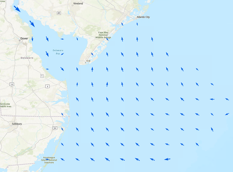 Map of coastal waters surrounding Delaware Bay with S-111 surface current directional arrows