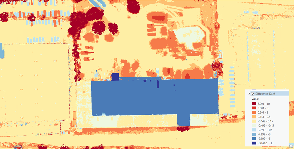 Automatic Difference DSM obtained from two different editions of a True-Ortho. Data courtesy of Aerowest GmbH.