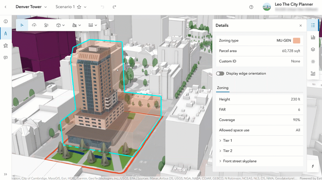 ArcGIS Urban project scenario showing a proposed 3D building compared against zoning envelopes and regulations.