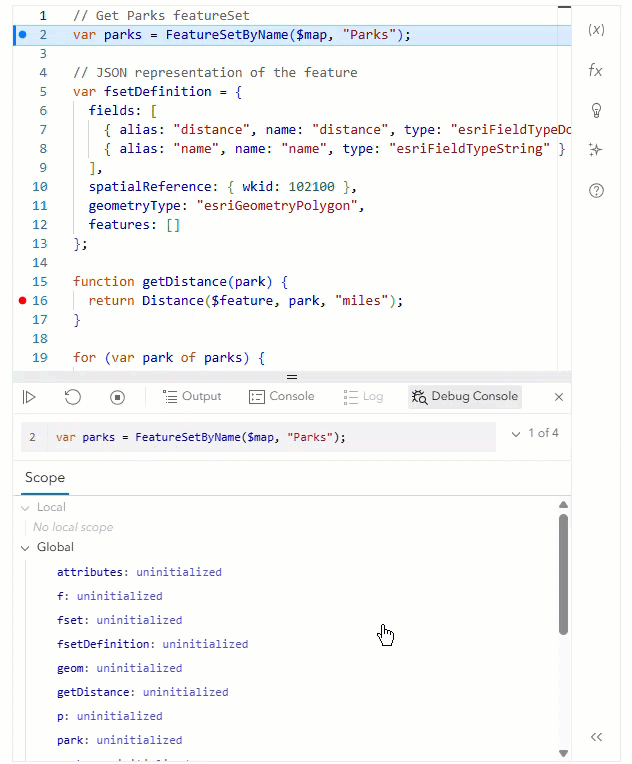 Two layers in the map called Parks and Street Centerlines are shown in a preview in the Arcade debugger under the profile scope section.