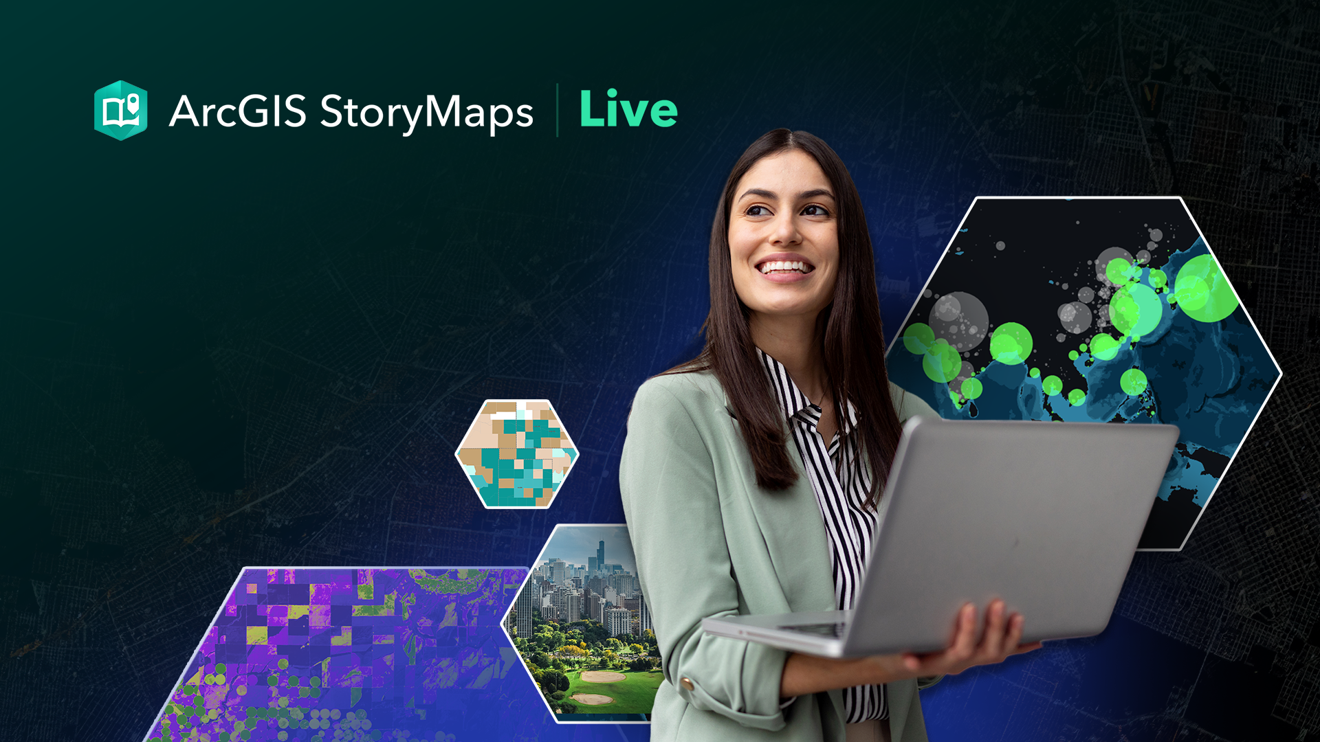 A smiling person holds a laptop against a black and geospatial background with the words "ArcGIS StoryMaps Live"