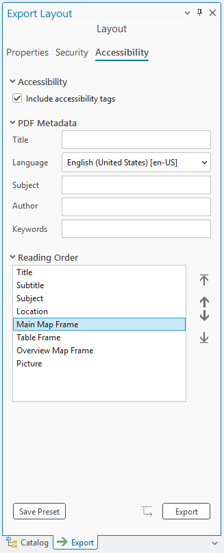 Export Layout pane showing a reading order list where layout elements can be rearranged by moving items up or down to define a logical reading sequence when creating accessible PDFs.