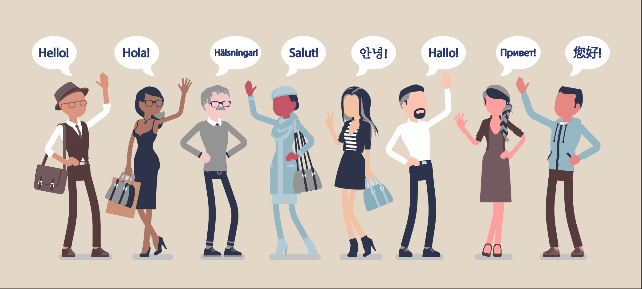 Illustration of eight people saying hello in eight different languages.