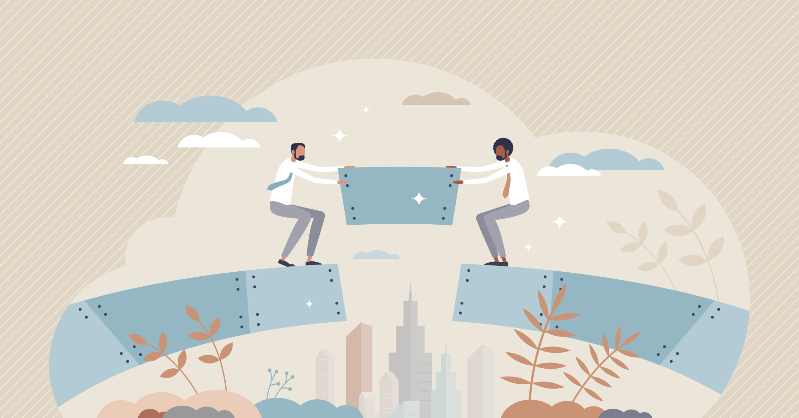 Illustration showing people adding a section to fill a gap in a bridge.
