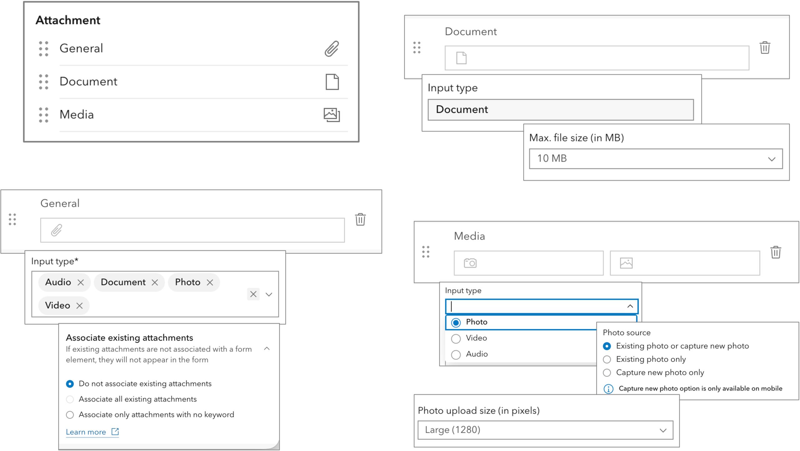 There are 3 types of attachment form elements (General, Document, and Media).