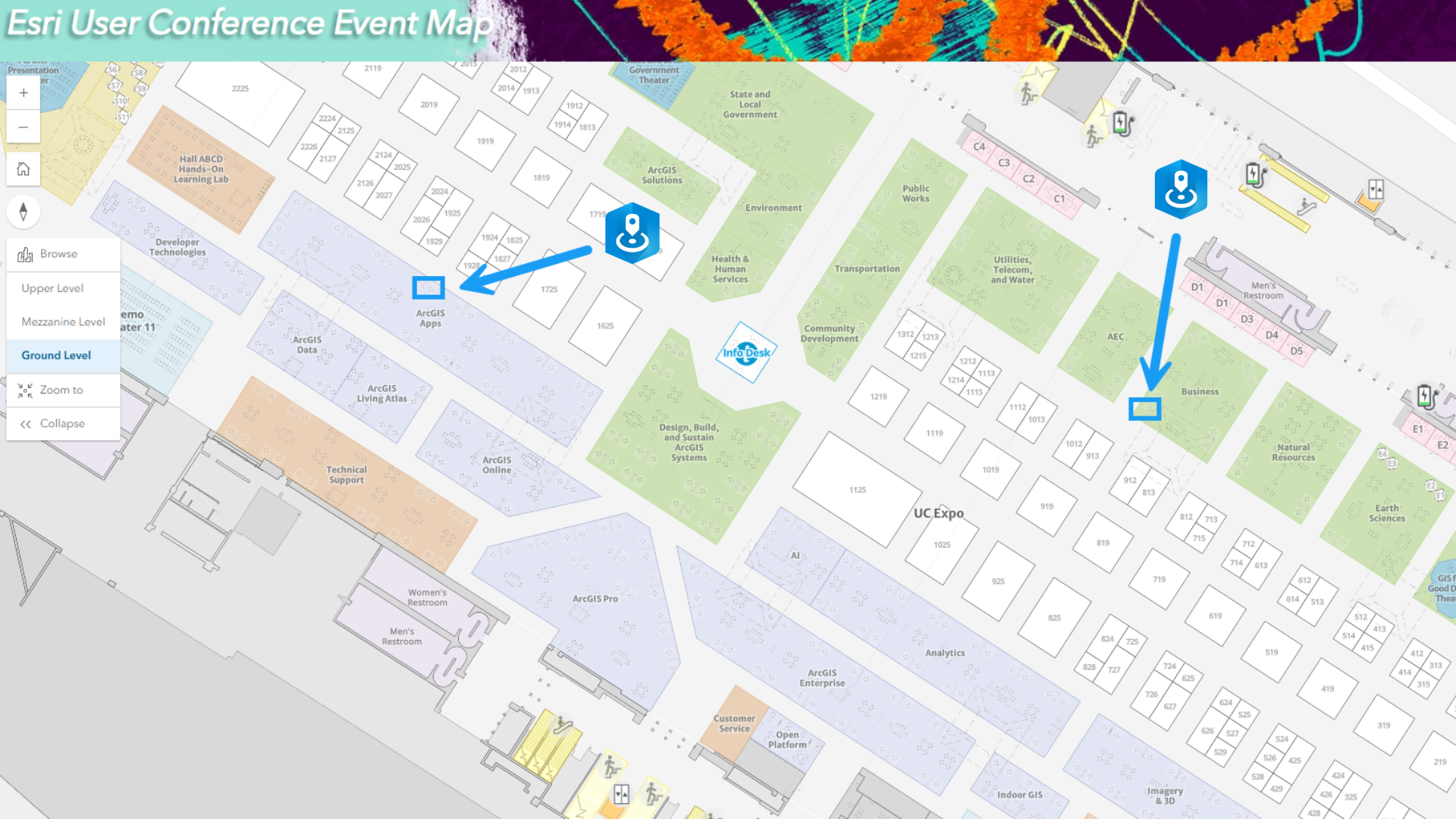 ArcGIS Business Analyst booths represented by ArcGIS Business Analyst logos in the UC showcase map
