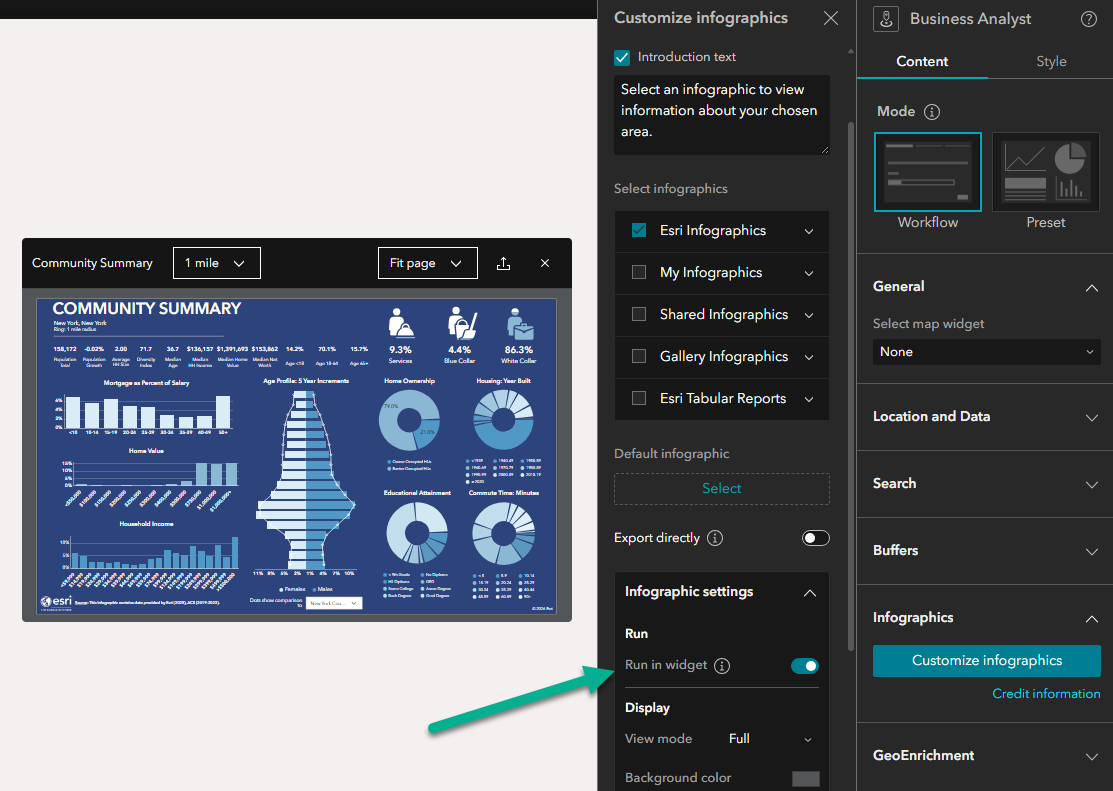 Workflow mode now adds the option to view infographics within the extent of the widget instead of needing to open them in full screen.