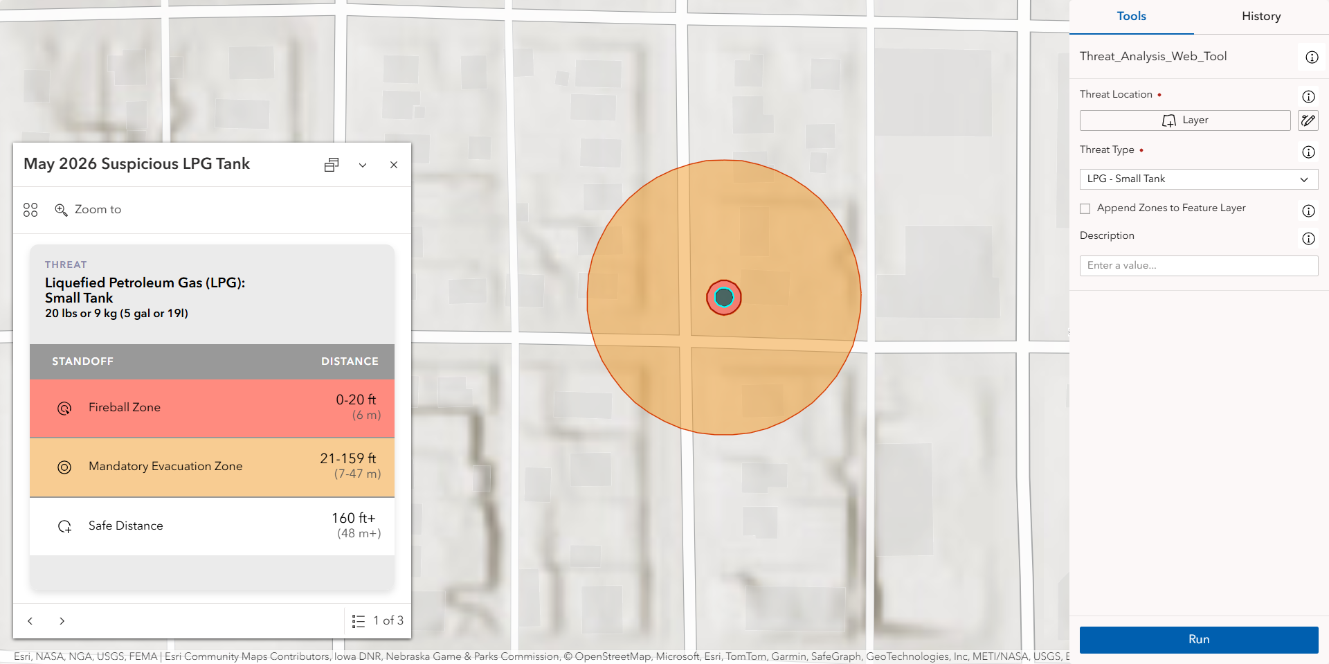 Zones for a liquefied petroleum gas threat with an orange outer buffer and a red inner buffer.