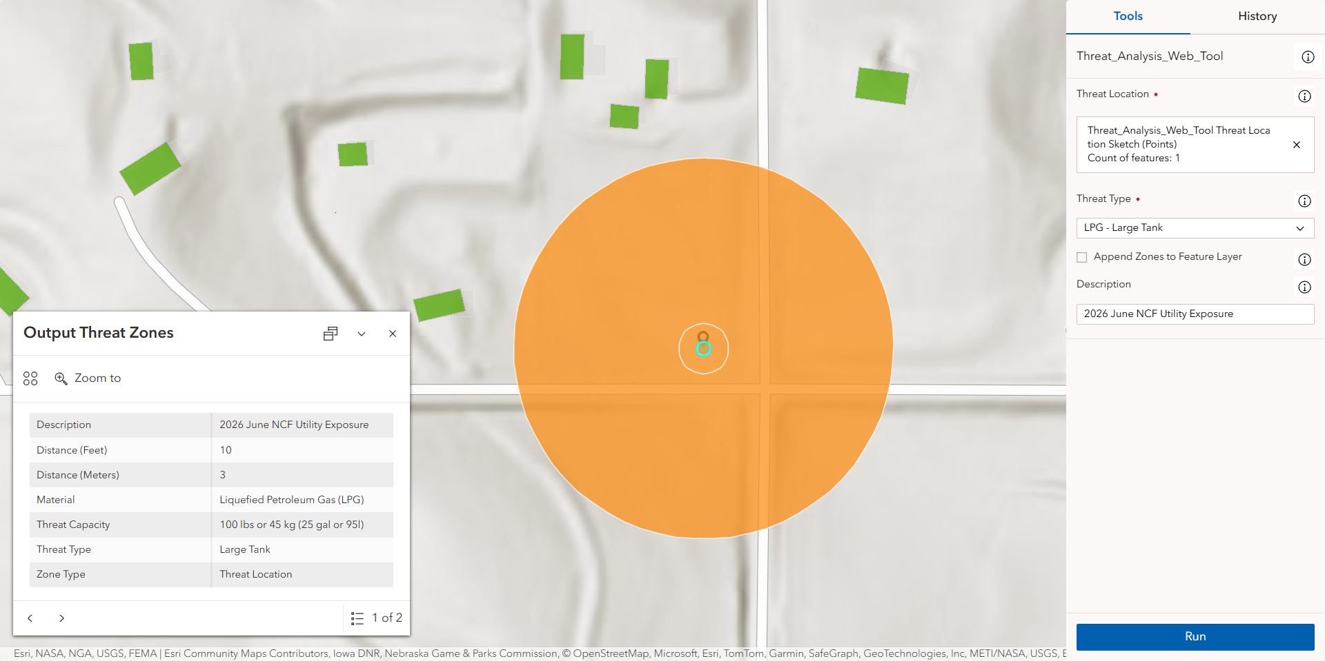 Zones for a liquefied petroleum gas threat as a temporary output not appended to the provided feature layer.