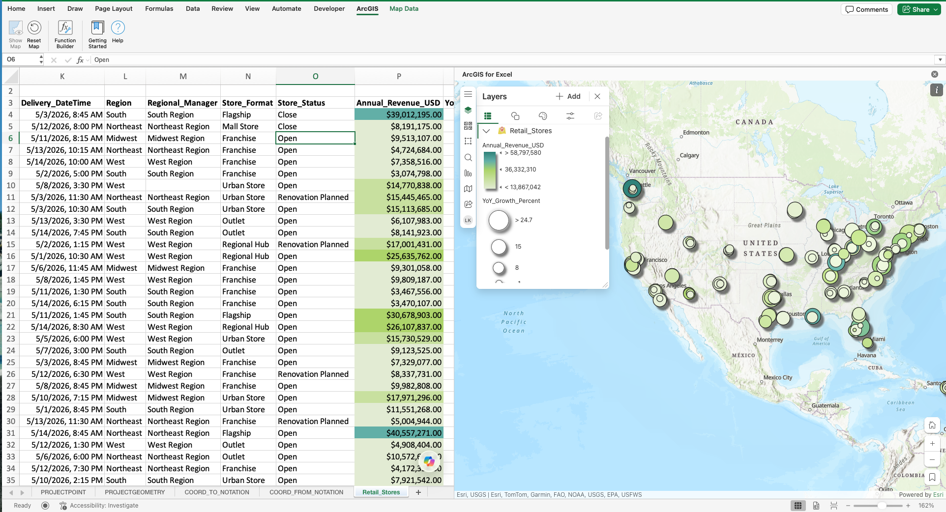 Excel data on left and basic map with points on right