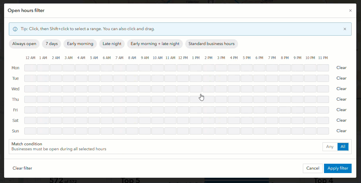 Filtering by custom time range and day(s)