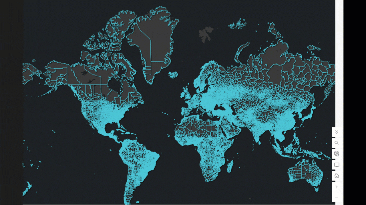 Map of global boundaries. The map zooms in and out to highlight the fast rendering of the Parquet feature layer.