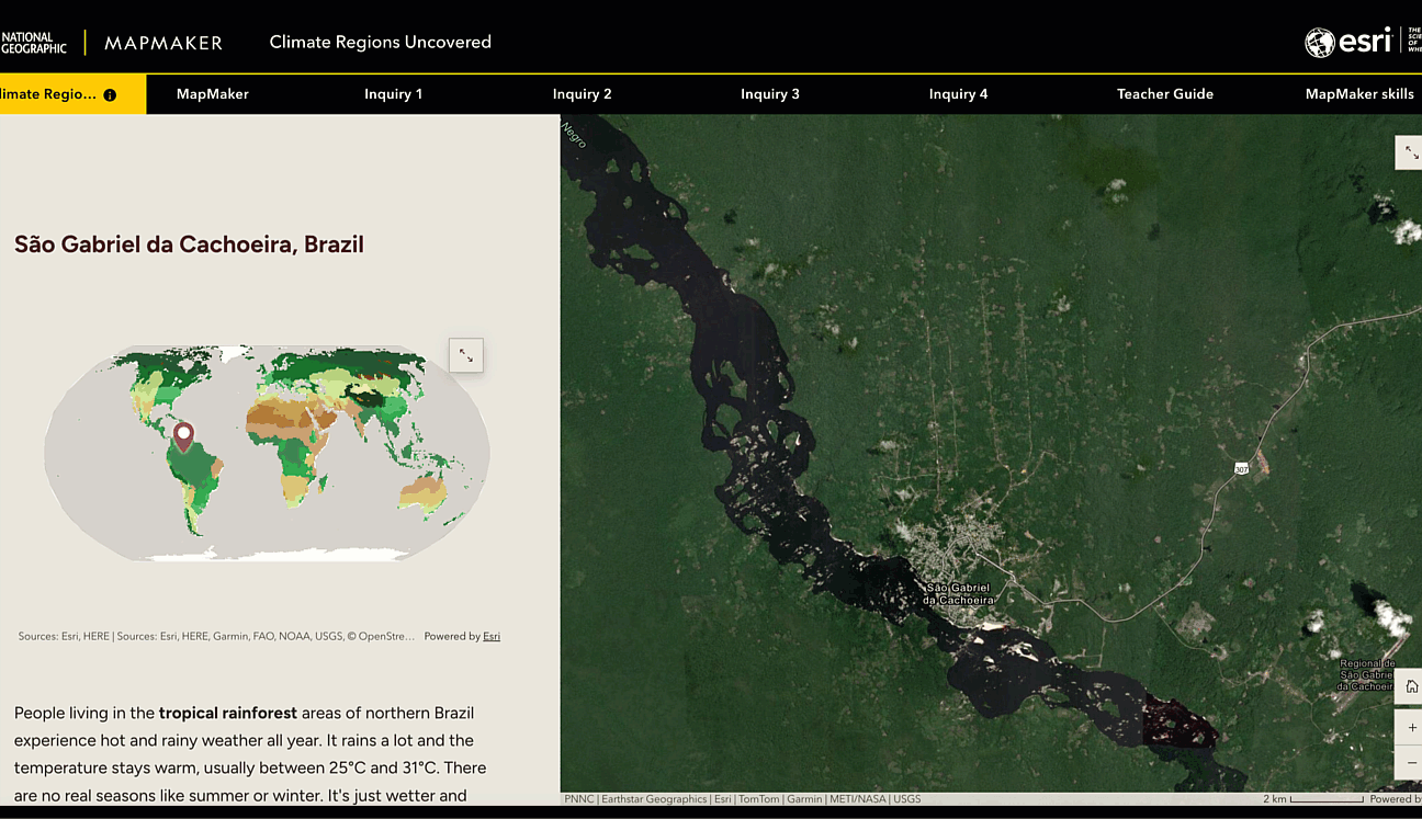 An animation scrolling through a story about climate regions that shows temperature and precipitation differences between Mongolia, Brazil, and Saudi Arabia.