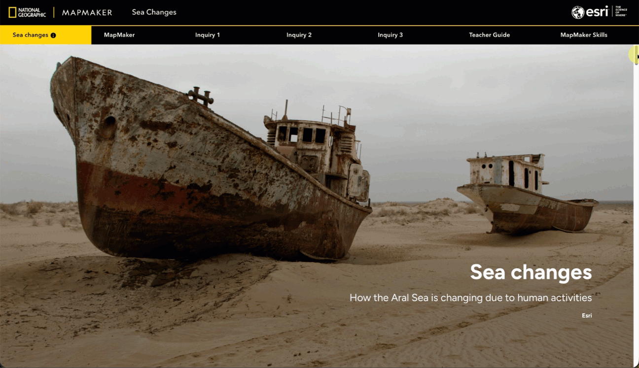 An animation scrolling through a guided lesson about changes in the Aral Sea; the imagery depicts an old ship stuck in sand and maps over time of the shrinking sea.