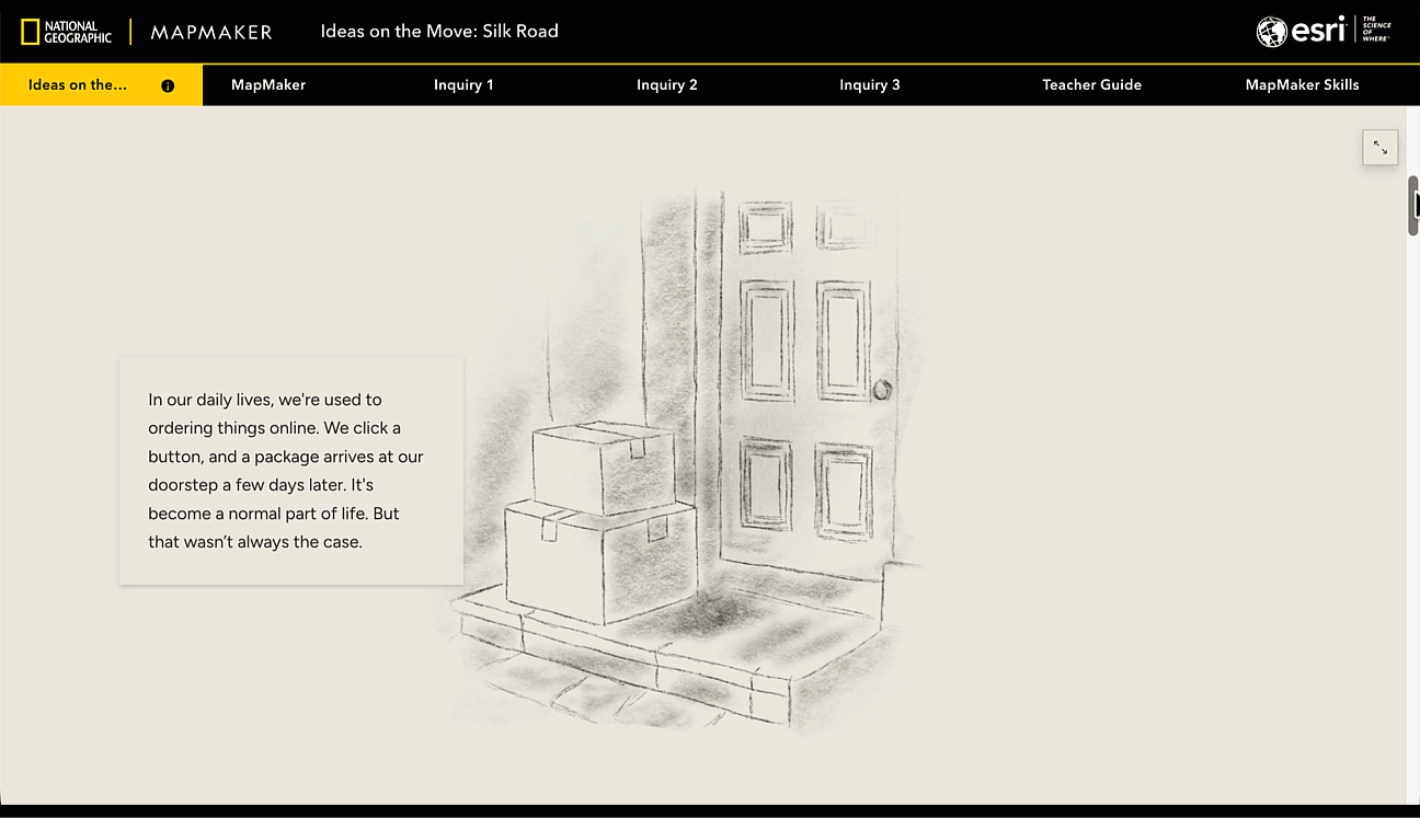 A scrolling animation from a story about the Silk Road that shows an illustrated opening sequence comparing modern-day package delivery to historical "delivery" by camel.