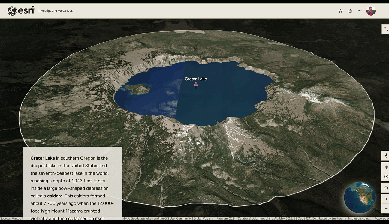 A scrolling animation from a story about volcanoes that shows volcano locations on a globe before transitioning to a map of tectonic plates; the video shows how clicking on the term "ring of fire" will highlight the ring of fire on the map.