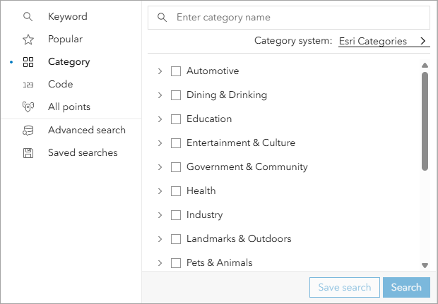 Esri Categories system in POI search