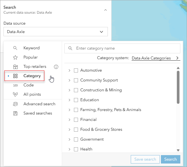 Selecting Category search