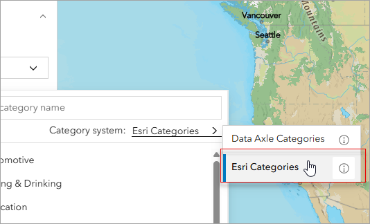 Selecting Esri Categories system
