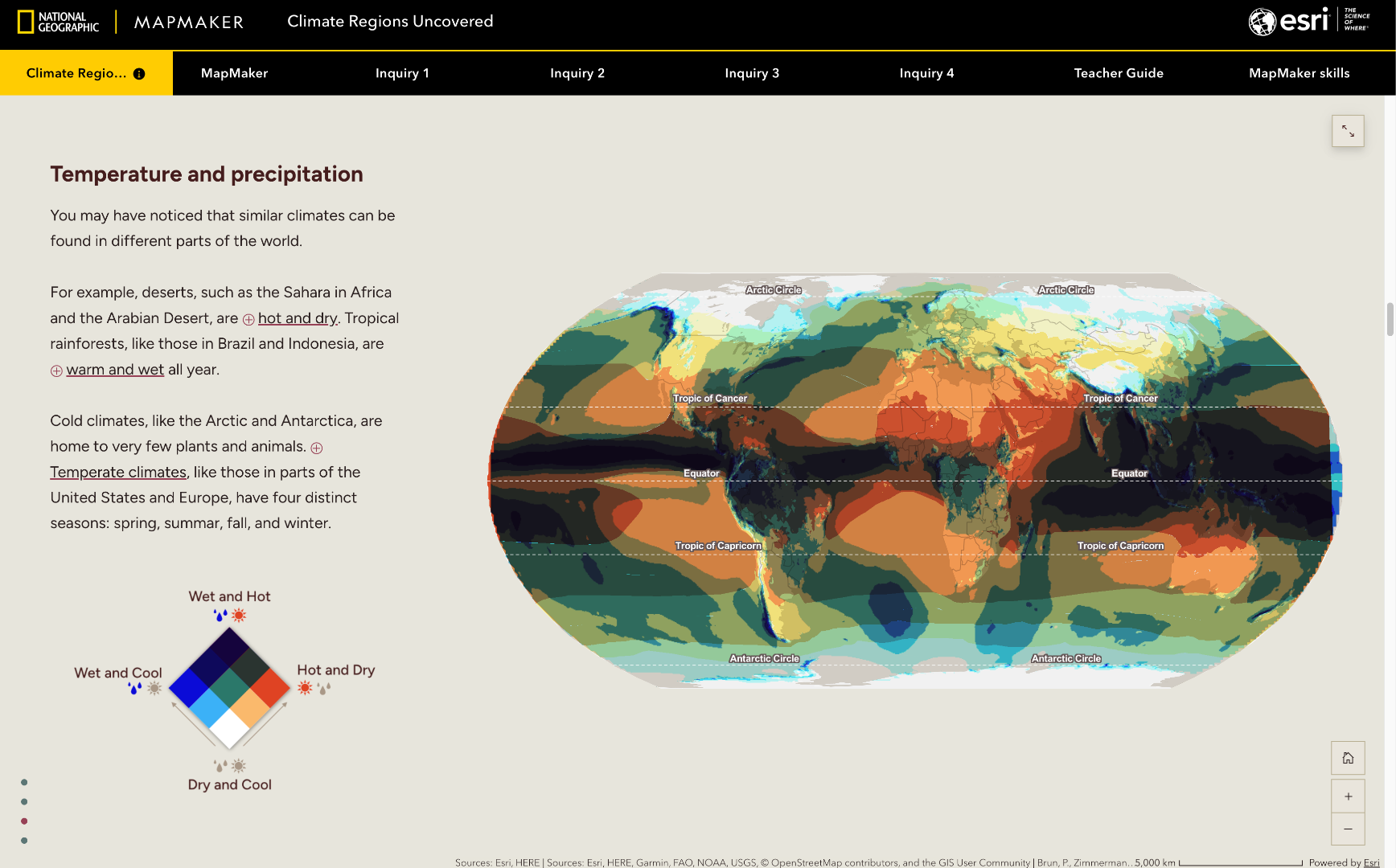 A screenshot from a story on climate regions that shows a global map of precipitation and temperature. The overlapping colors indicate areas of wet and hot, wet and cool, hot and dry, dry and cool.