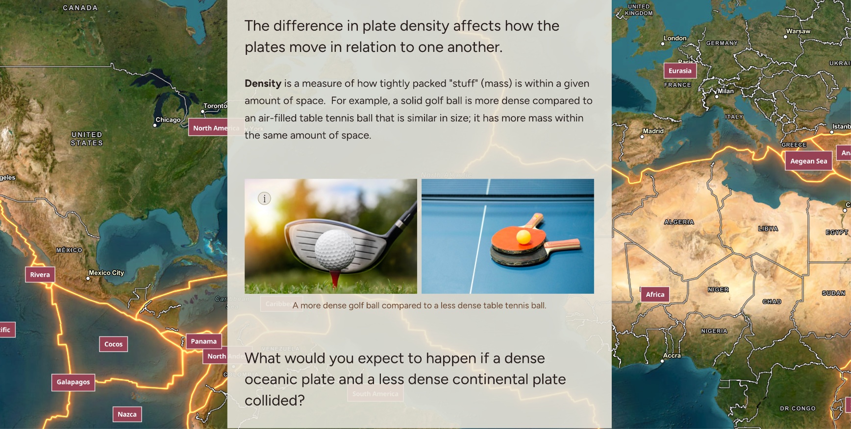 A screenshot from a story that shows a paragraph of text explaining density to middle school students. The text and images compare the density of a golf ball versus a tennis ball to teach this concept.