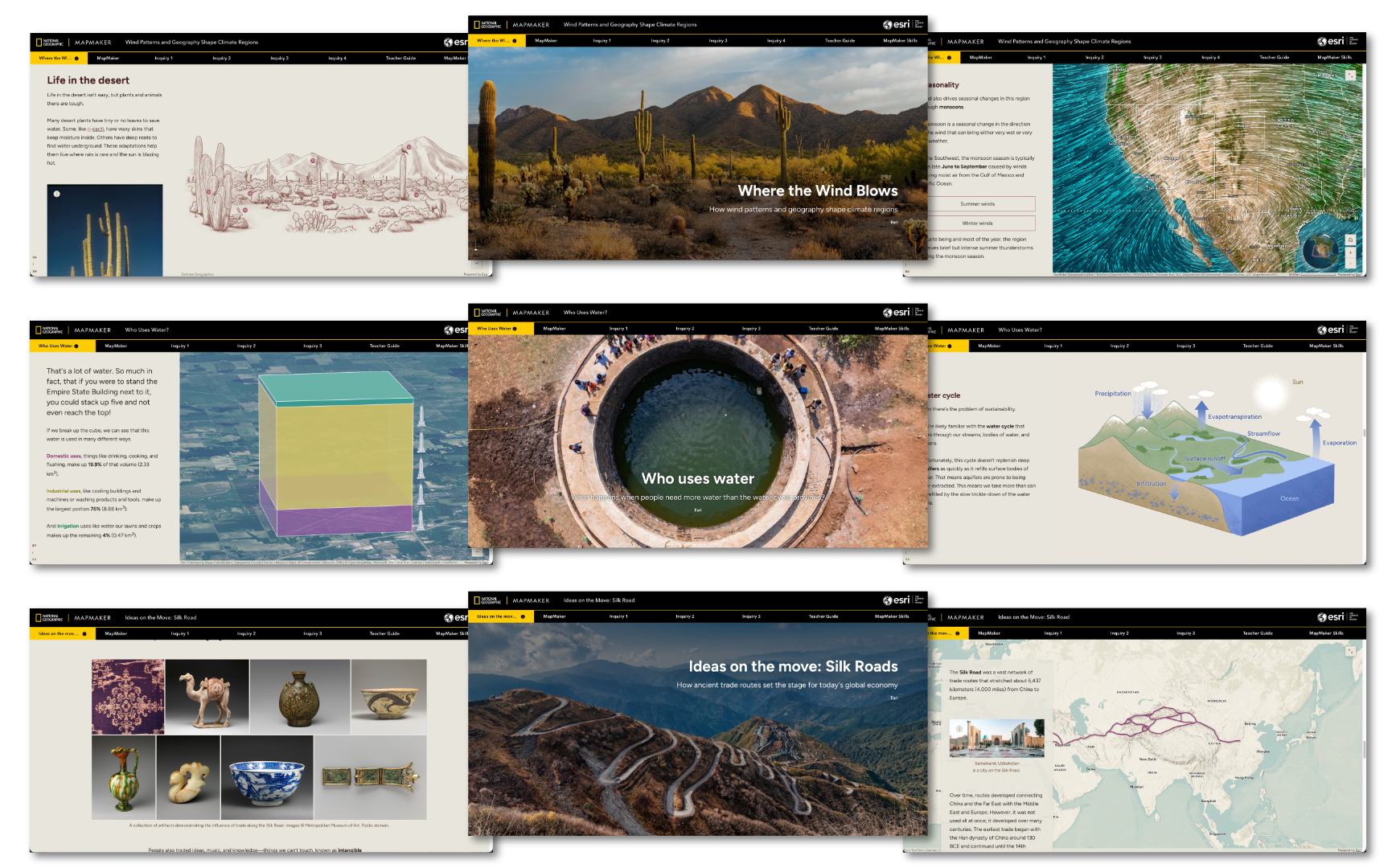 A series of nine screen captures from various web stories arranged aesthetically in rows of three. The images depict maps, illustrations, and imagery from various geography lessons.