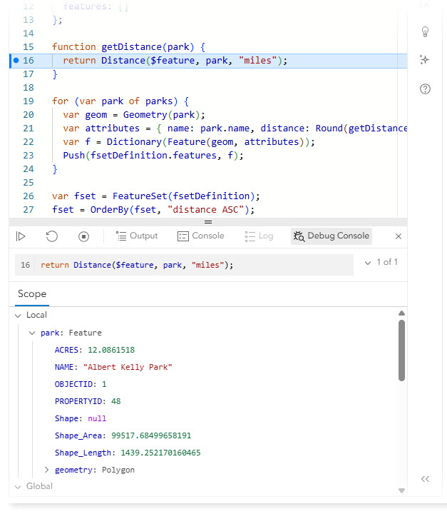 Arcade debugger is paused in a user-defined function body called getDistance and displays the current values for the local variable park.