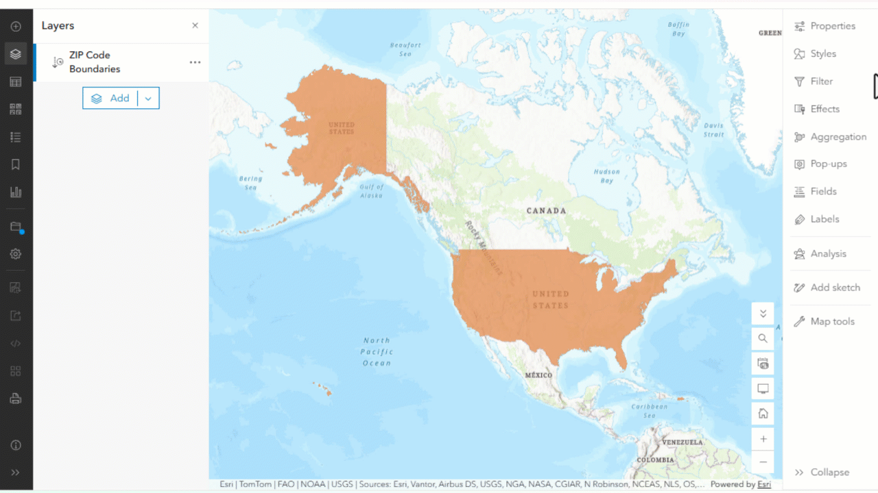Parquet feature layer in Map Viewer. The parquet feature layer symbology and pop-up settings are changed.