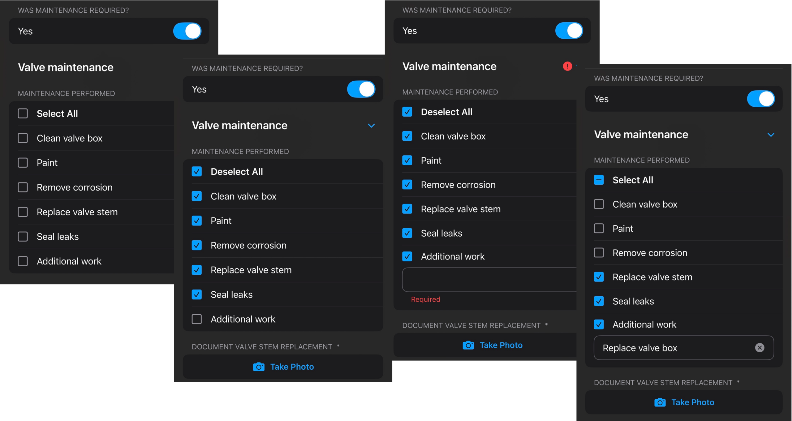 Multiple choice form inputs support logic and include Select All and Other options for data capture.