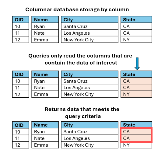 Columnar datasets only query the column where the data of interest is stored and returns the results.