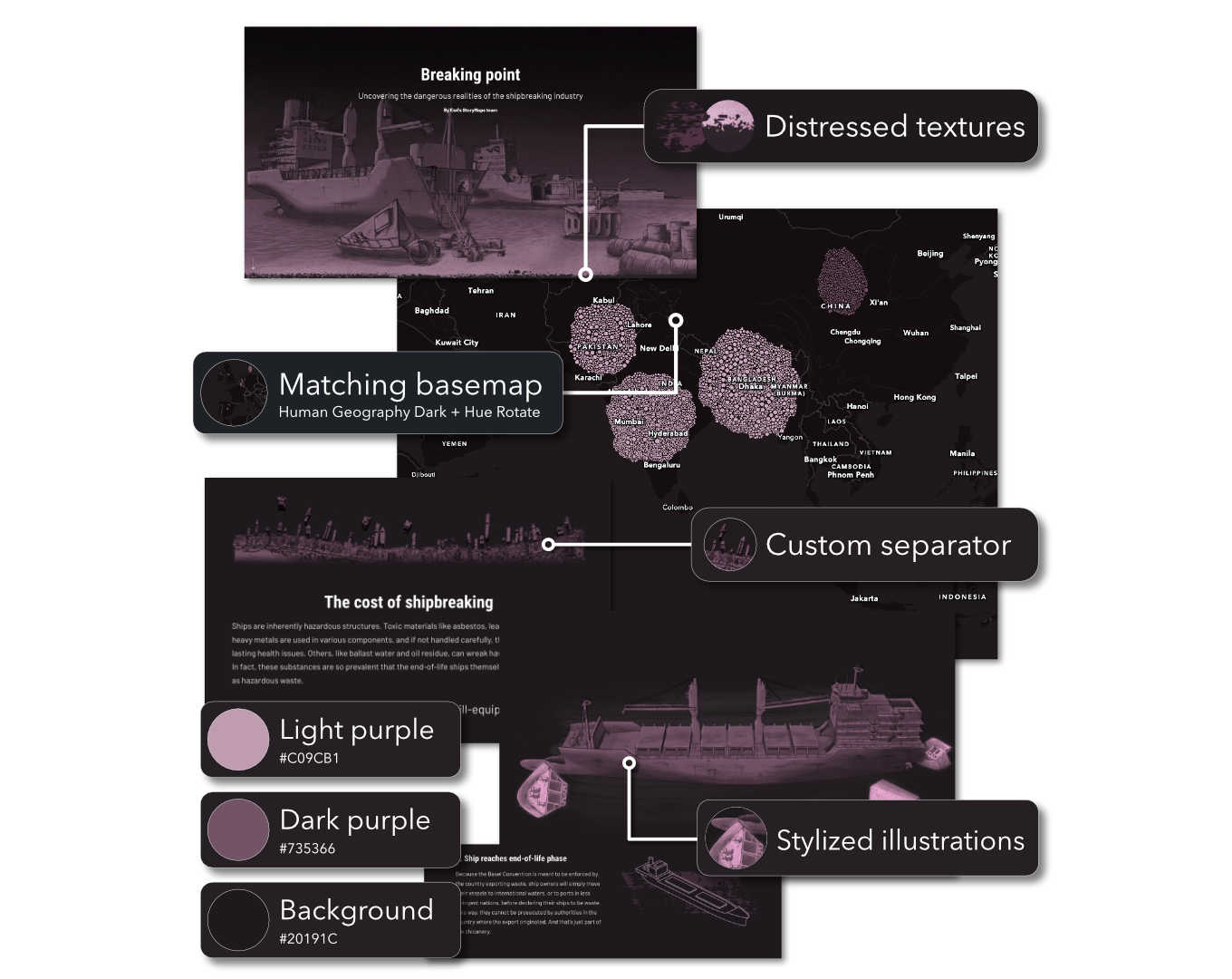 A annotated collage of excerpts from an ArcGIS StoryMap titled "Breaking Point: Uncovering the dangerous realities of the shipbreaking industry." Callouts identify four key design elements: a matching basemap using Human Geography Dark with Hue Rotate applied; distressed textures used in photographic and illustrative graphics; a custom separator echoing the story's visual style; and stylized illustrations of ships rendered in the story's color palette. Three color swatches are shown — light purple (#C09CB1), dark purple (#735366), and a near-black background (#20191C) — demonstrating the consistent palette applied across maps, graphics, and story elements.