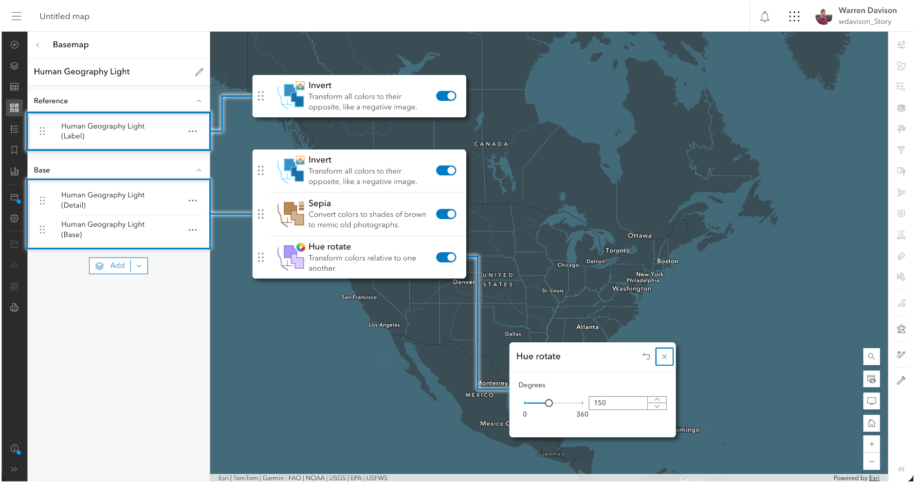 The ArcGIS Map Viewer interface showing the Human Geography Light basemap with three stacked effects applied: Invert, Sepia, and Hue rotate. The effects panel shows each effect enabled via toggle, with the Hue rotate effect set to 150 degrees. The resulting basemap, visible in the background, has shifted from its default light palette to a deep teal-blue tone, demonstrating how combining effects can dramatically transform a basemap's color scheme without any custom styling.