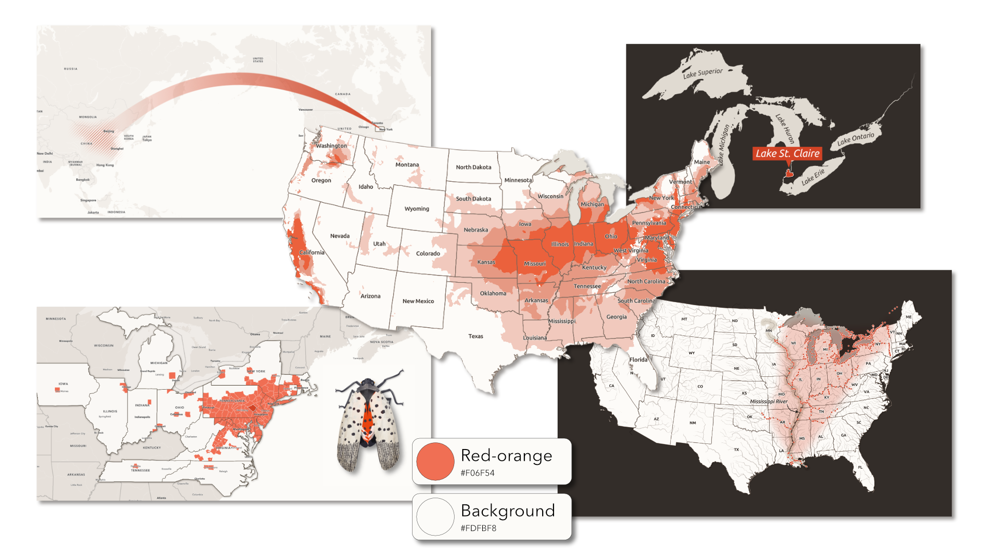 A collage of five maps from an ArcGIS StoryMap about the spotted lanternfly, all using a consistent red-orange (#F06F54) and warm off-white (#FDFBF8) color palette. Maps show the insect's spread across the eastern United States at varying scales and contexts.