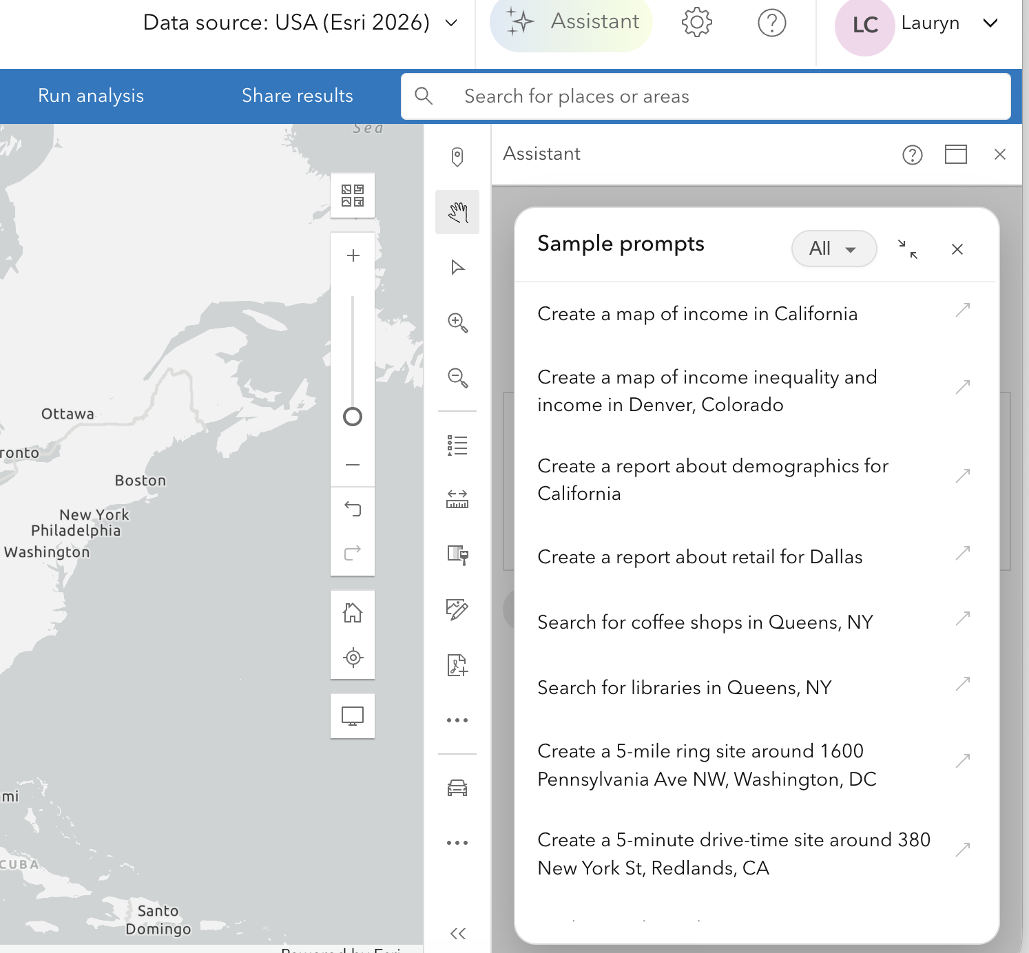 Sample prompts include options like "create a map of income in California"