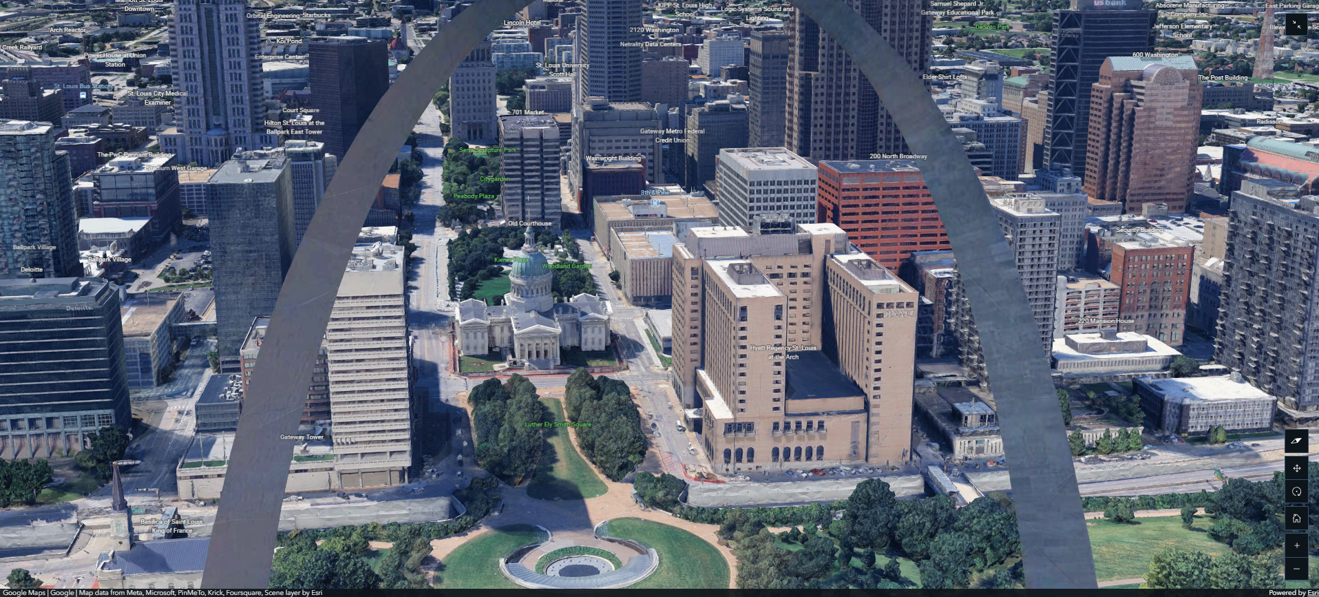 Google Photorealistic 3D basemap of the gateway Arch in St. Louis, Missouri.