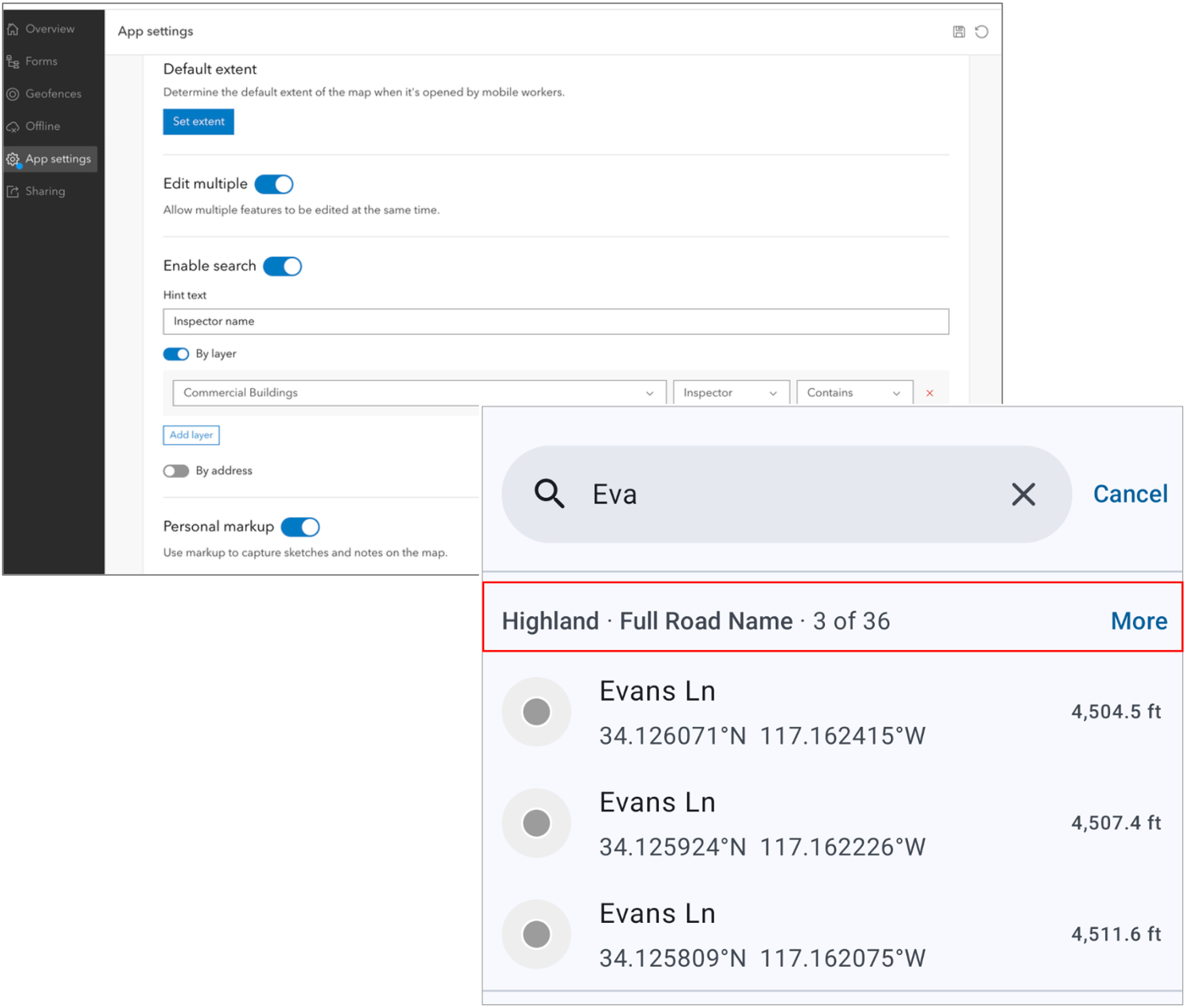 Search improvements include configuring the search capabilities in Designer and getting more results when querying layers and addresses.