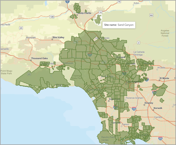 Map of neighborhoods in Los Angeles County with a call-out for Sand Canyon