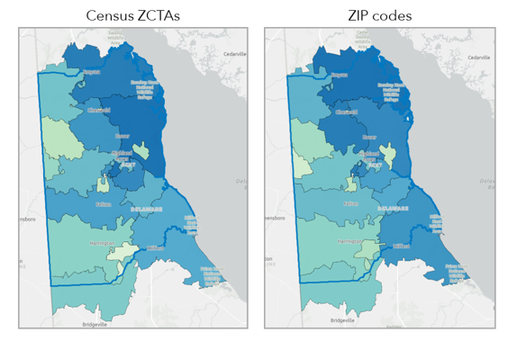 Compare Census ZCTA and ZIP code boundaries in Kent County, Delaware