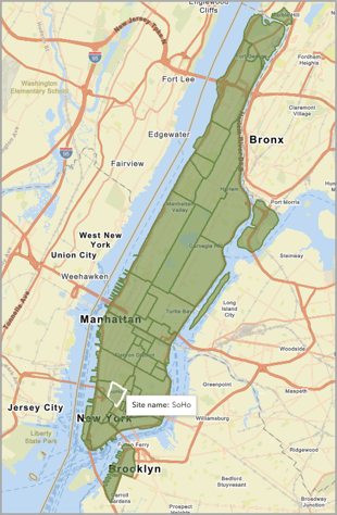 Map of neighborhoods in Manhattan with a call-out for SoHo