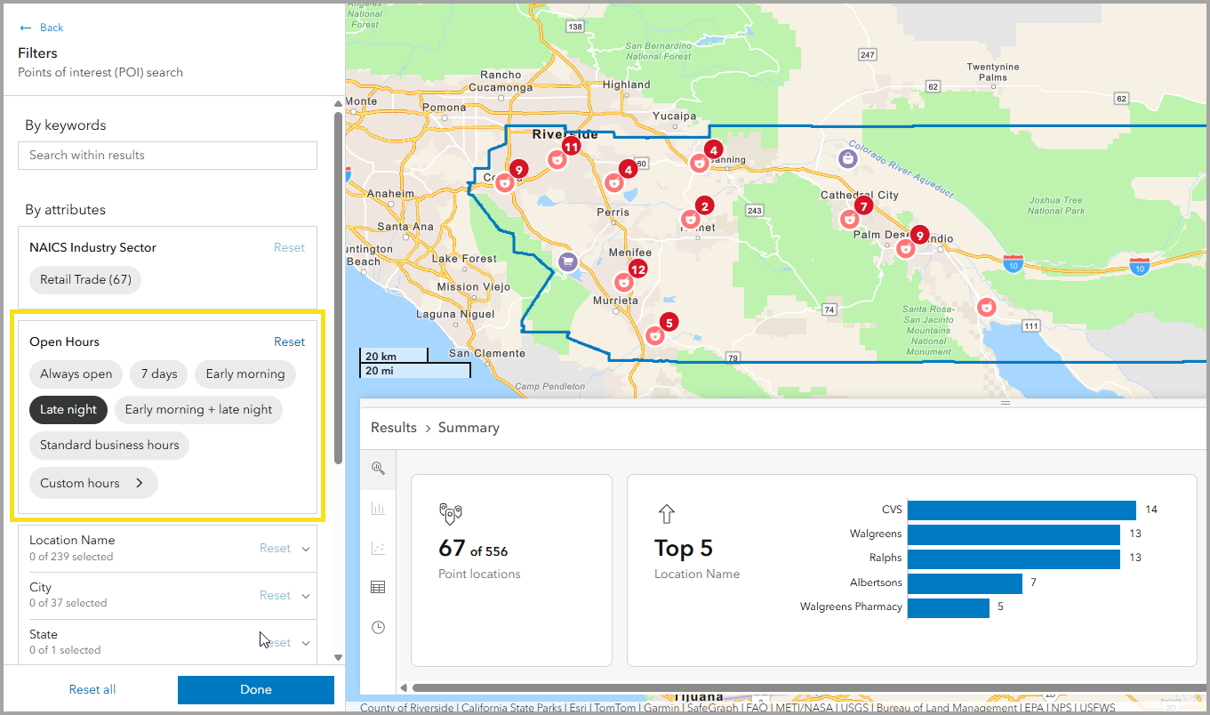 Open hours workflow with expanded results pane. Highlighted section displays new filtering options.
