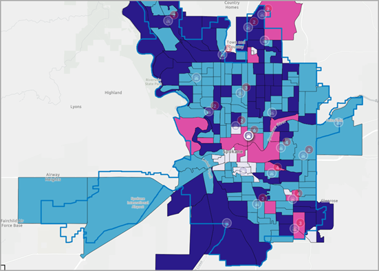 Map veterinary clinics open 24/7 in Spokane overlaid a map of population and pet ownership
