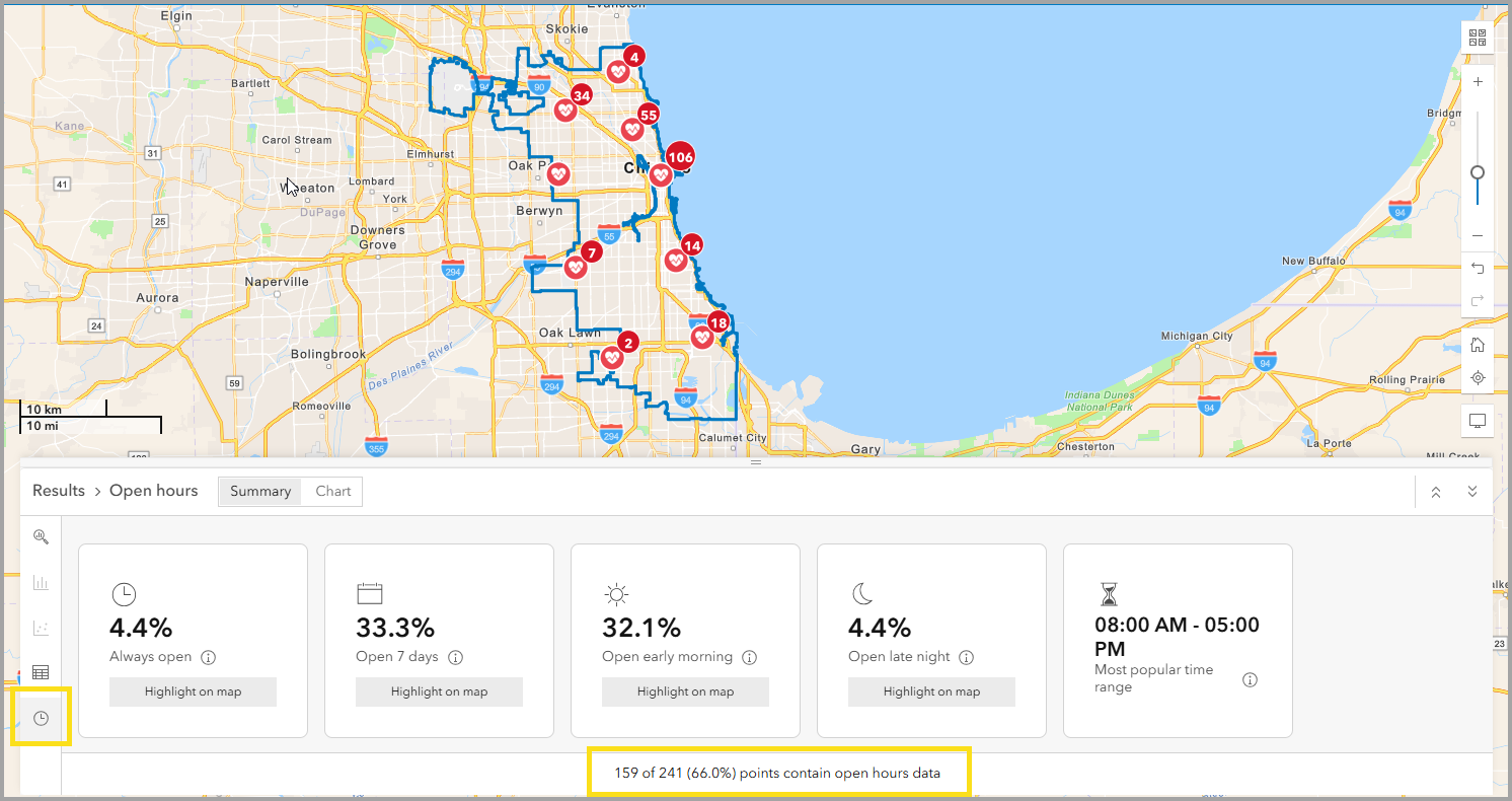 POI open hours results pane shows percentage of locations with open hours infogrmation
